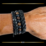 3 Bracelet Bundle Braided Adjustable String Faux Leather & Stretch Fit Wood Bead