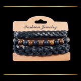 3 Bracelet Bundle Braided Adjustable String Faux Leather & Stretch Fit Wood Bead