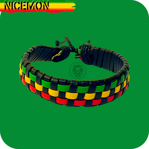 Rasta Checker Leather Wrist Band Bracelet Hippie Hawaii Surfer Reggae Marley