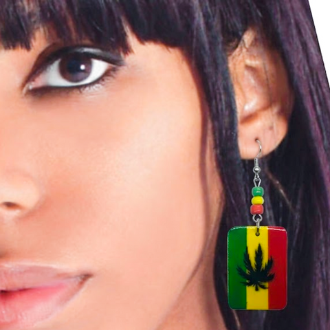 Rasta Ganja Leaf Wooden Earrings Striped Empress Reggae Concert Drop Jewelry