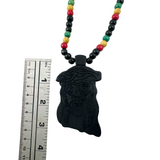 Jesus Christ Yeshua Messiah Wood Necklace Pendant w/Rasta Colors Irie Jesus 38"