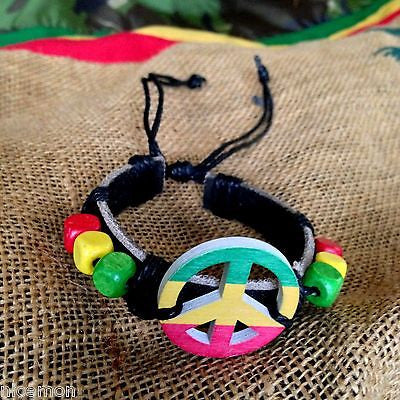 Rasta Fashion Bracelet Leather Wrist Cuff Peace Sign Emblem Jamaica Reggae IRIE