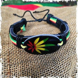 Rasta Leather Wrist Cuff Canna Weed Leaf Emblem Wrist Bracelet Bob Reggae IRIE