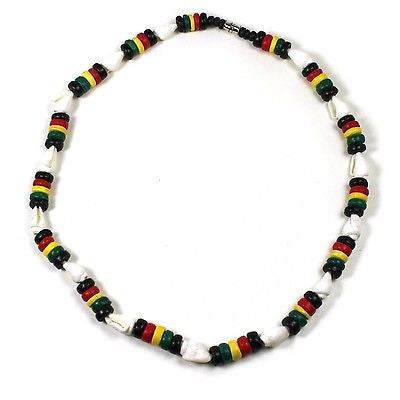 Rasta White Nasa Shell w/Rasta Coco Beads Reggae Necklace Marley Reggae 18"