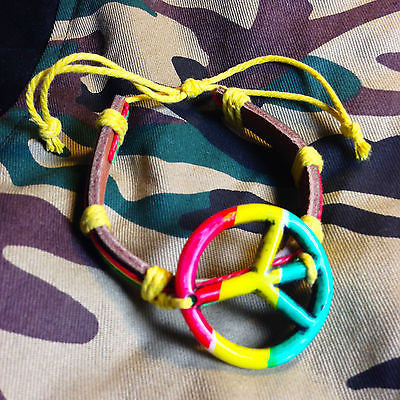 Rasta Leather Peace Sign Bracelet Friendship Bracelet Hippie Hobo Reggae PEACE