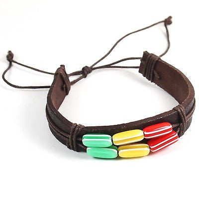 Rasta Brown Leather Bracelet Wrist Band Hippie Hawaii Dub Ras Reggae Marley RGY