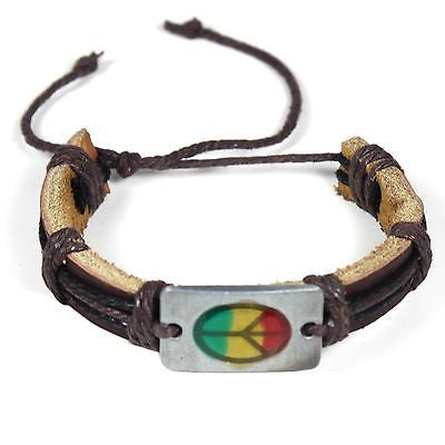 Rasta Leather Peace Sign Bracelet Friendship Bracelet Hippie Hobo Reggae PEACE