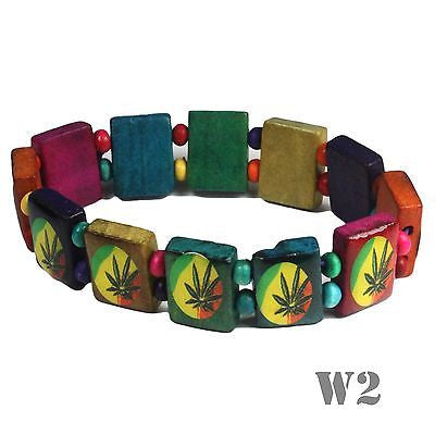 Rasta Laquer Finish Ganja Leaf Bracelet Hippie Reggae Jamaica One Love Bob IRIE