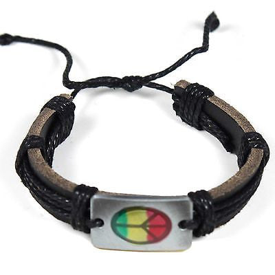 Rasta Leather Peace Sign Bracelet Friendship Bracelet Hippie Hobo Reggae PEACE